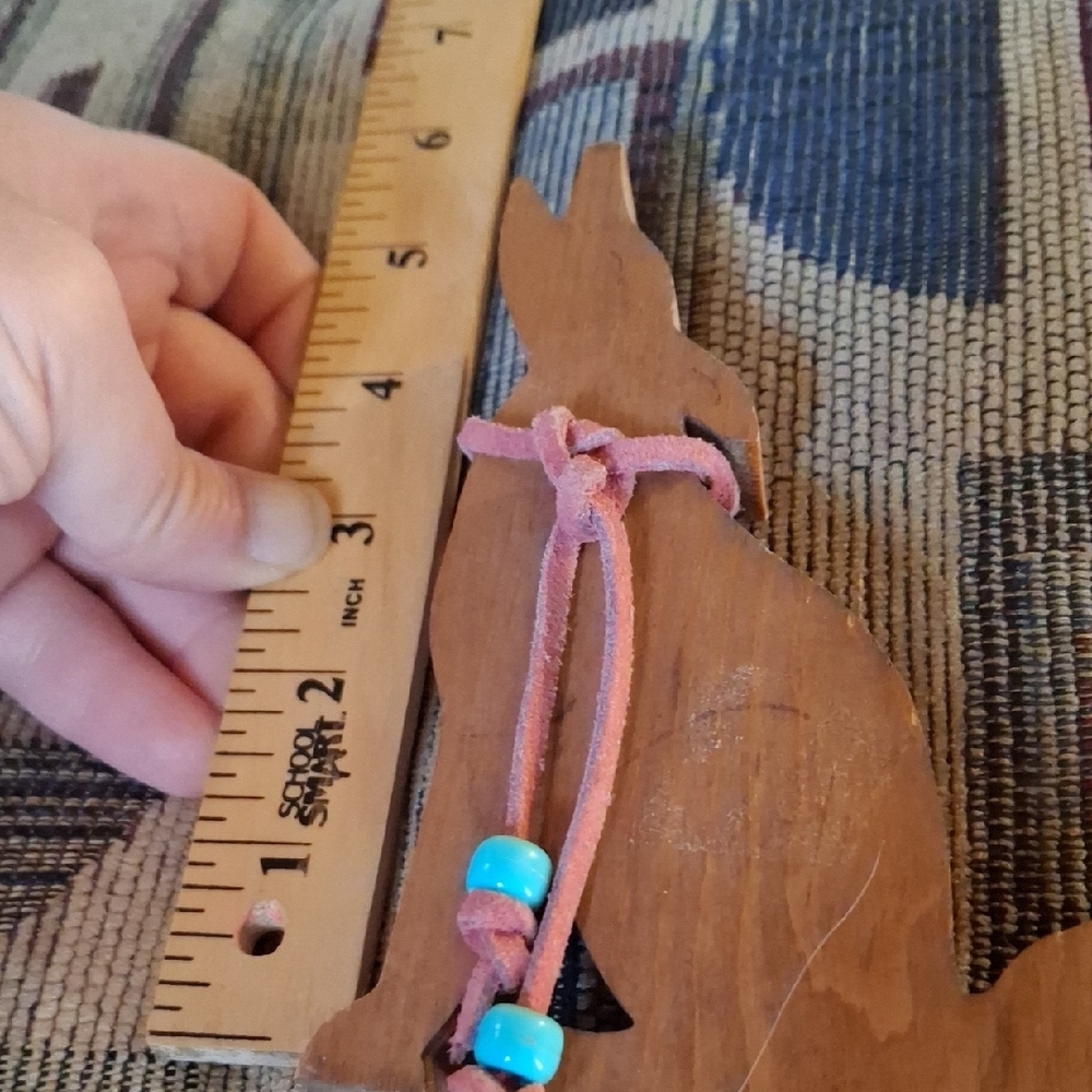 Wooden Coyote Wolf Ornament with Pink Suede Ties and Turquoise Beads - Picture 2 of 2